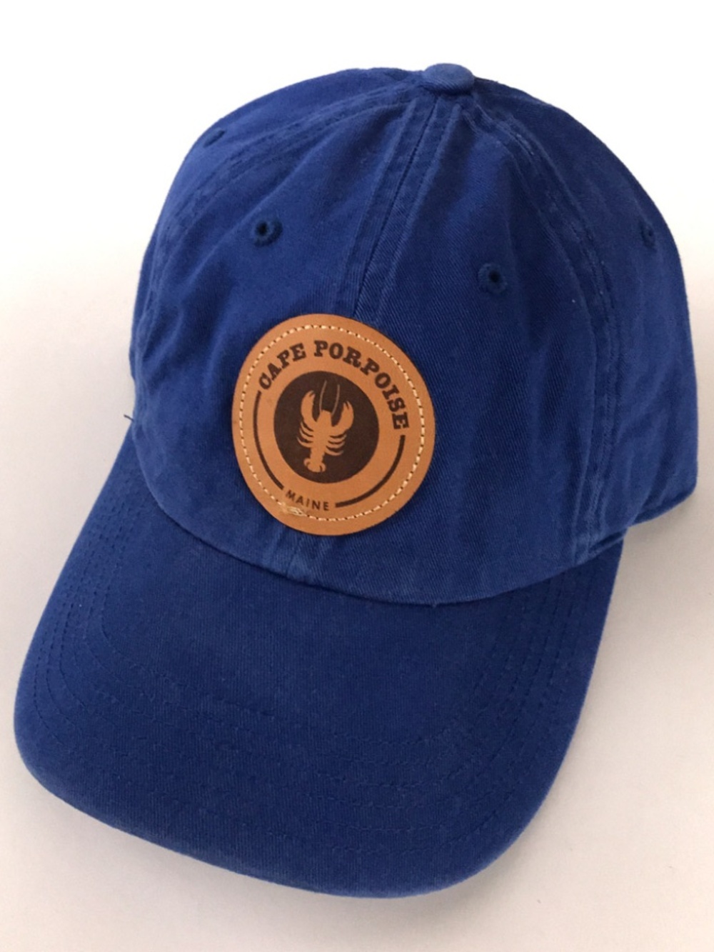 Lobster leather circle patch hat Cape Porpoise Maine blue cotton cap